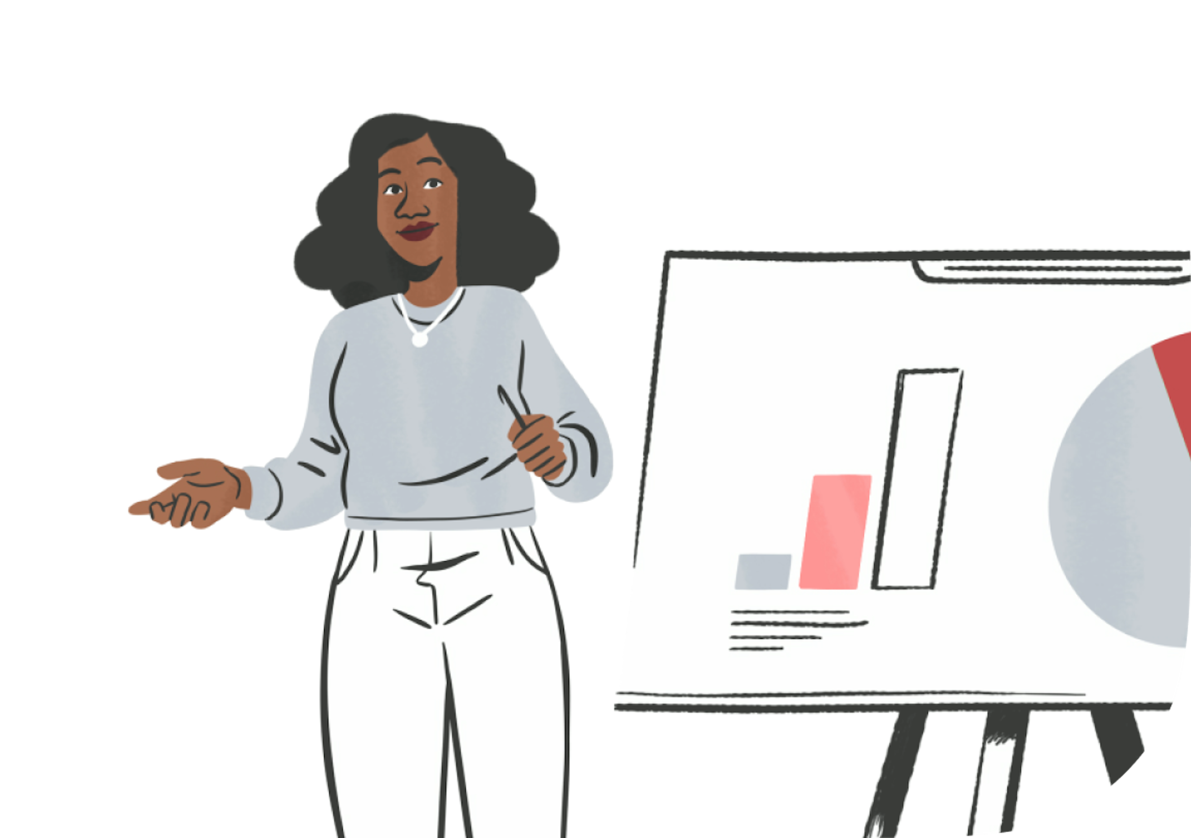 An illustrated woman presents results on a panel on a set-up easel.