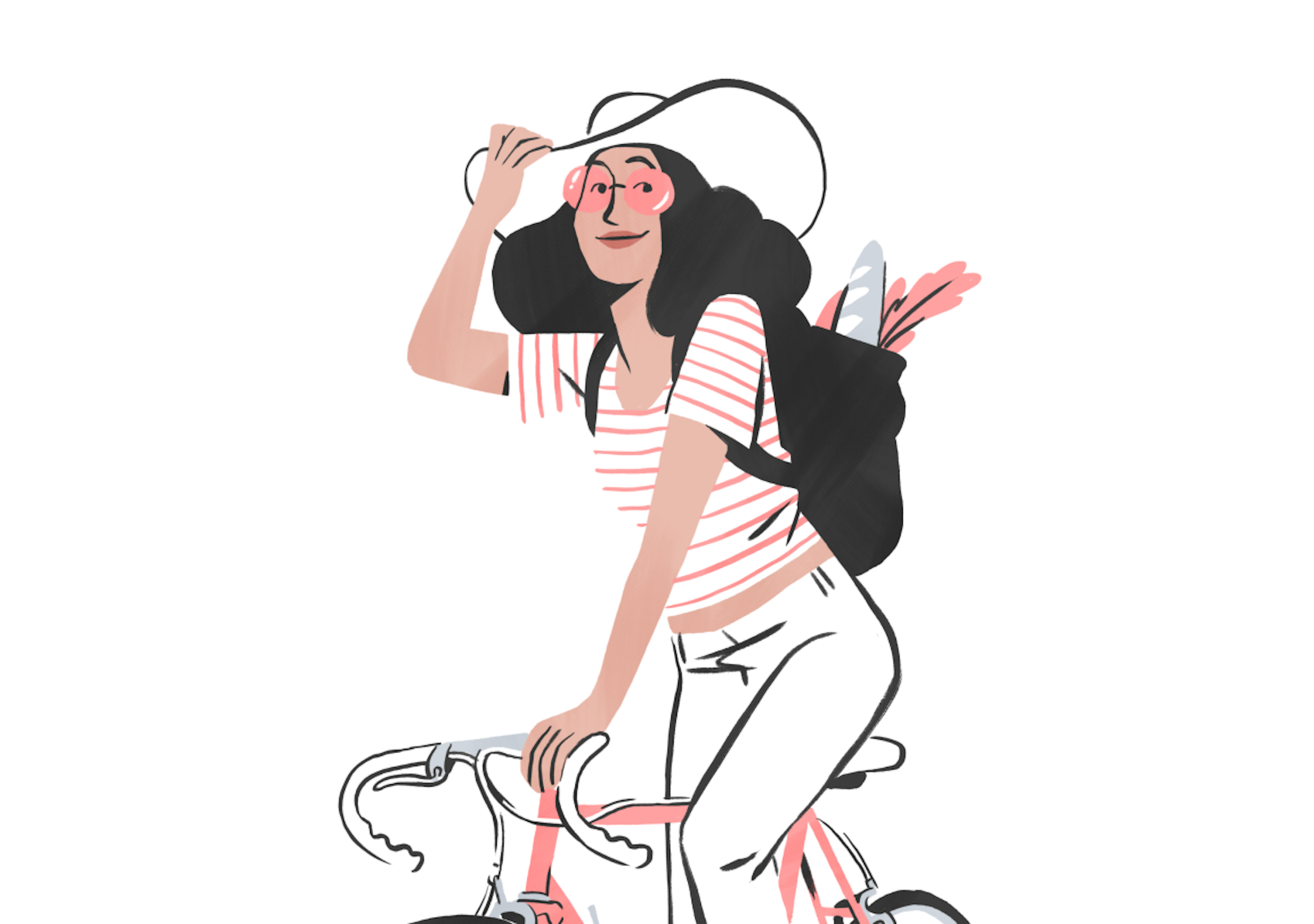 Illustrated woman with a backpack riding a bicycle while holding a big hat.