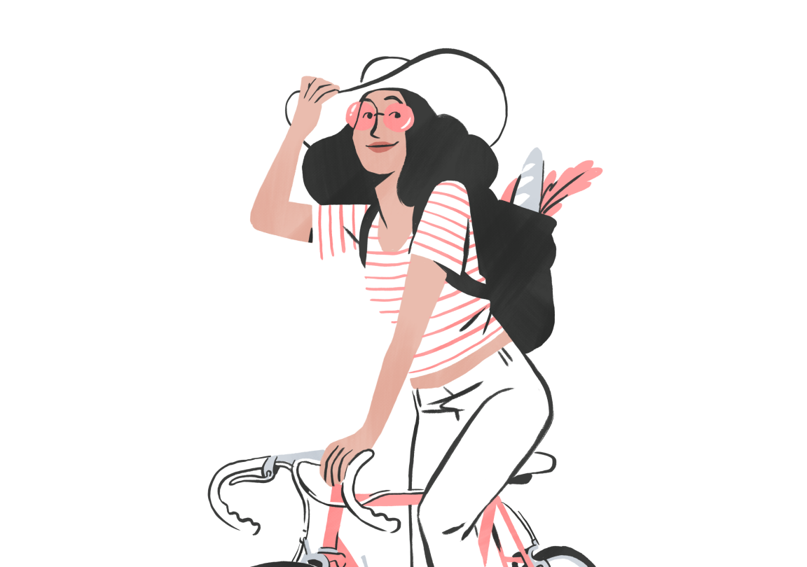 Illustrerad kvinna med ryggsäck cyklar samtidigt som hon håller i en stor hatt.