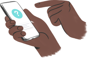 Illustrerade händer håller i mobiltelefon som visar symbolen av ett frågetecken.