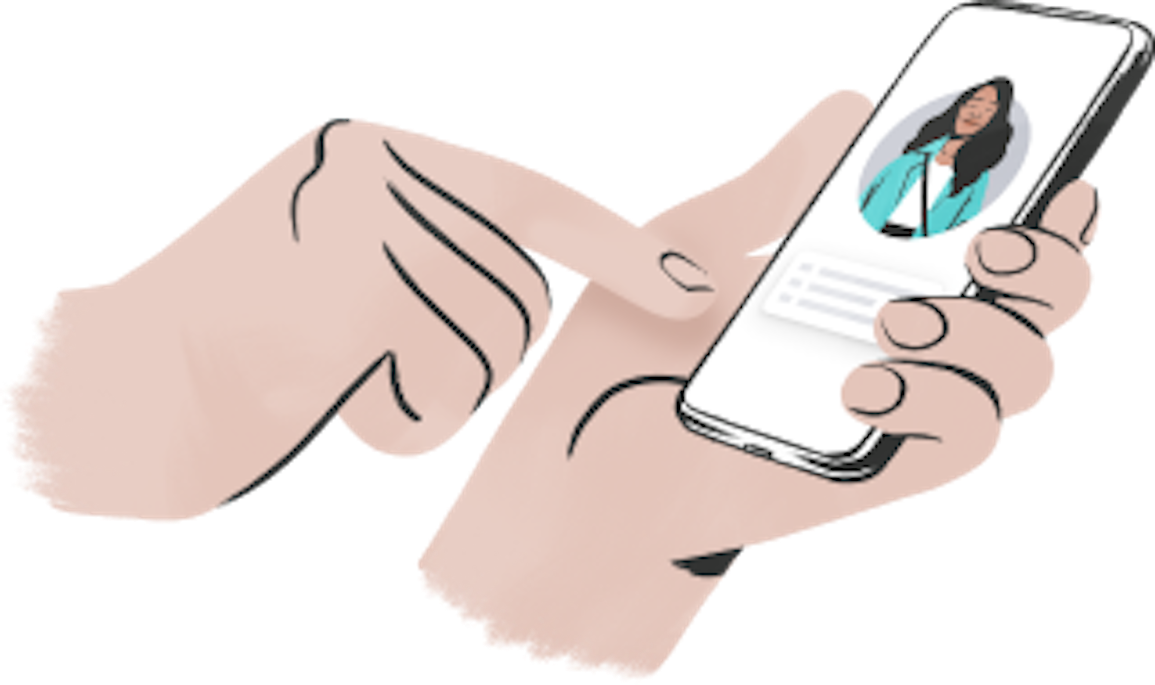 Illustrerade händer håller i mobiltelefon som visar kontaktuppgifter till kundtjänst.