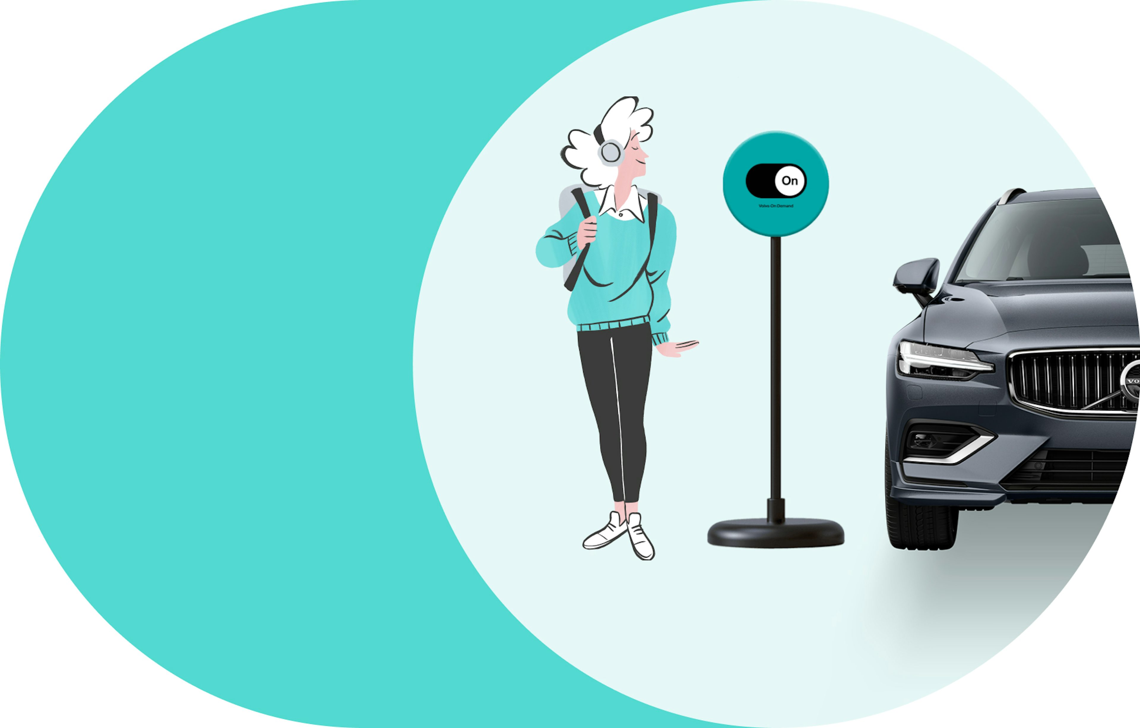 Illustrated woman with headphones standing next to a green Volvo On Demand sign and a Volvo car.