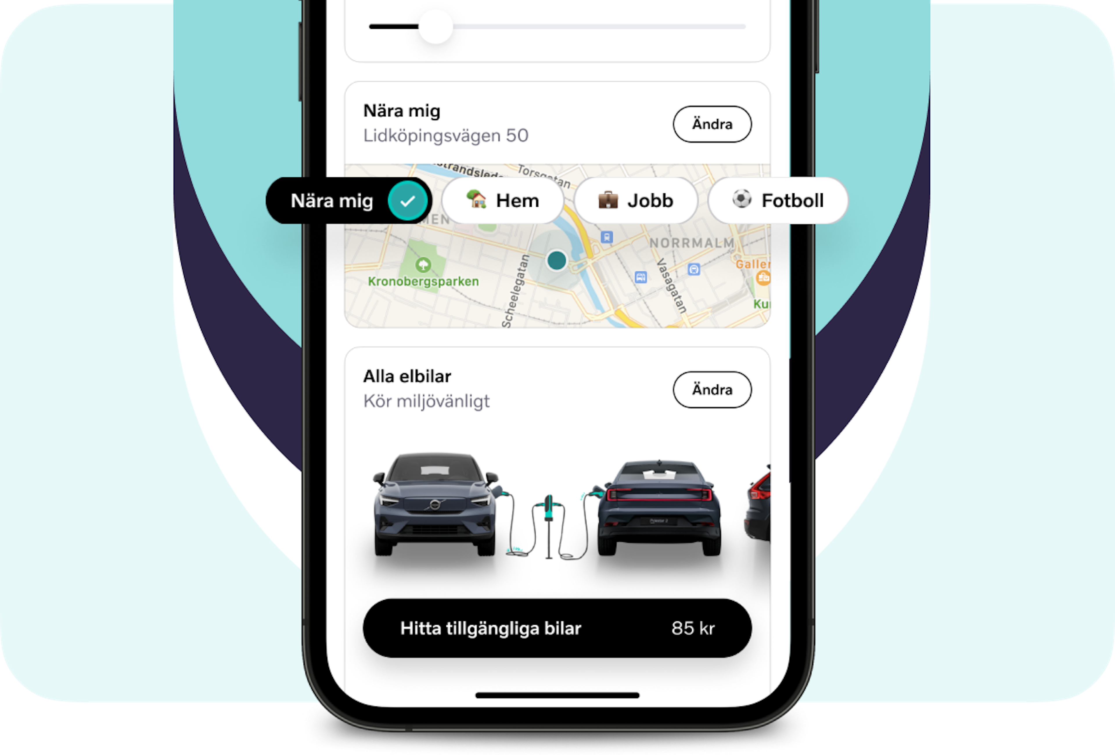 Volvo On Demand-appen visar en karta med en markerad position märkt "Nära mig" och adressen Lidköpingsvägen 50